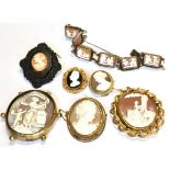 A COLLECTION OF VICTORIAN AND LATER SHELL CAMEO JEWELLERY INCLUDING A SIX PANEL BRACELET each