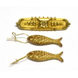 AN EARLY 20TH CENTURY GOLD AND SMALL OLD-CUT DIAMOND BROOCH AND A PAIR OF PENDENT EARRINGS EACH IN
