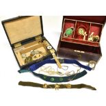A COLLECTION OF COSTUME JEWELLERY IN TWO LEATHER BOUND JEWELLERY BOXES including a small micro-