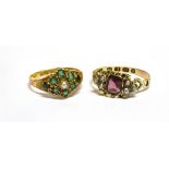 TWO VICTORIAN GOLD AND GEM SET RINGS INCLUDING A 15CT GOLD, EMERALD AND HALF-PEARL CLUSTER RING