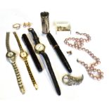 A SMALL COLLECTION OF COSTUME JEWELLERY, WATCHES AND TWO FOUNTAIN PENS including a marcasite