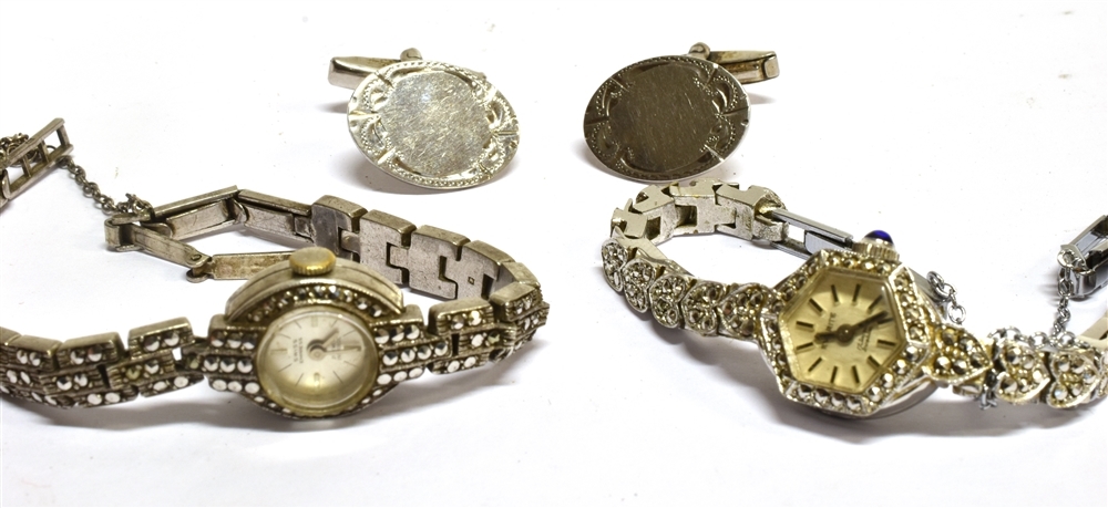 TWO MARCASITE BRACELET WATCHES AND A PAIR OF CUFFLINKS Comprising; Swiss Empress, a silver and