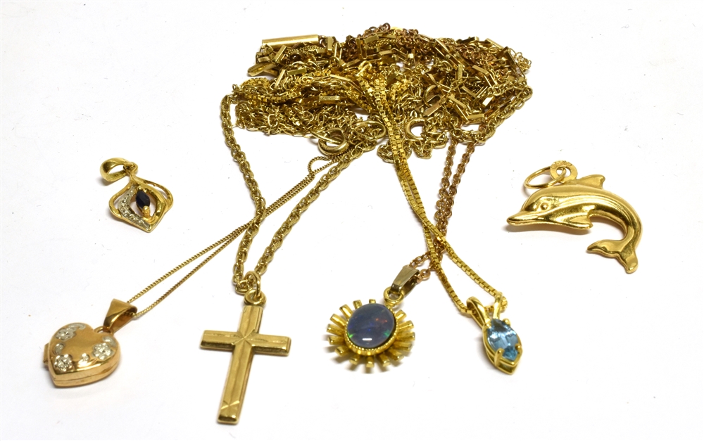 A COLLECTION OF GOLD PENDANTS AND CHAINS INCLUDING A DOLPHIN PENDANT stamped '750', 0.9g; various