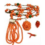 A COLLECTION OF 19TH CENTURY AND LATER CORAL JEWELLERY AND A CORAL AND JADEITE NECKLACE