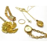 AN EDWARDIAN 9CT GOLD HEART-SHAPED 'MIZPAH' LOCKET, TWO LADY'S GOLD WATCHES AND OTHER ITEMS the