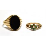 A 9CT GOLD HALF-PEARL AND TURQUOISE CLUSTER RING AND A GENTLEMAN'S VINTAGE GOLD AND BLACK ONYX