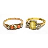 TWO GOLD AND GEM RINGS, INCLUDING A VINTAGE 18CT GOLD, YELLOW BERYL AND DIAMOND THREE STONE RING