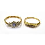 TWO EARLY 20TH CENTURY GOLD AND GEM RINGS INCLUDING AN ART DECO GOLD, SAPPHIRE AND DIAMOND THREE