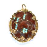 A VICTORIAN GOLD, RED-MOTTLED AGATE AND TURQUOISE OVAL PENDANT with applied trailing flowers and