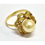 A VINTAGE CONTINENTAL GOLD AND CULTURED-PEARL SINGLE STONE RING the 9mm diameter cultured-pearl claw