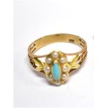 AN EARLY 20TH CENTURY GOLD, TURQUOISE AND HALF-PEARL OVAL CLUSTER RING rub-over set at the centre