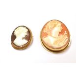 TWO VINTAGE GOLD AND SHELL CAMEO OVAL BROOCH/PENDANTS, ONE DEPICTING CERES with wheat sheaves in her