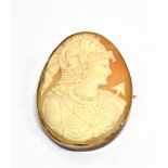 A LATE VICTORIAN GOLD AND SHELL CAMEO OVAL BROOCH finely carved with a three-quarter length