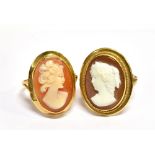 TWO OVAL SHELL CAMEO RINGS, ONE DEPICTING DIANA THE HUNTRESS facing left with a crescent in her