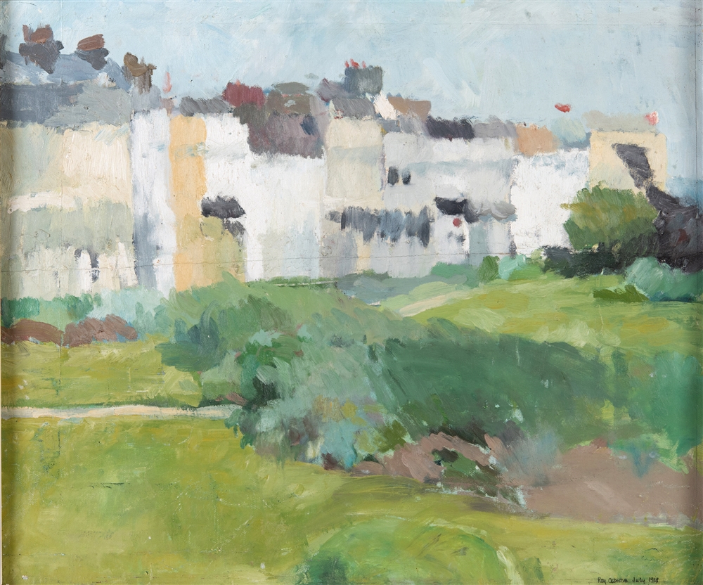 ROY OSBORNE (BRITISH, 20TH CENTURY) Seaside terrace with sunlit parkland, oil on board, signed and