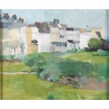 ROY OSBORNE (BRITISH, 20TH CENTURY) Seaside terrace with sunlit parkland, oil on board, signed and