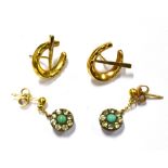 A PAIR OF 9CT GOLD 'HORSESHOE AND NAIL' STUD EARRINGS AND A PAIR OF PASTE PENDENT EARRINGS the