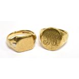 TWO VINTAGE 9CT GOLD SIGNET RINGS comprising; an oblong example with small 'platinum' panels, on a