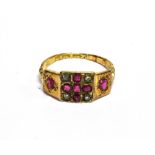 A VICTORIAN 18CT GOLD, RUBY AND DIAMOND 'GYPSY-TYPE' RING the square head with a central small