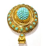 A VICTORIAN GOLD AND TURQUOISE OVAL LOCKET-BACK PENDANT with a central oval bosse pave set with