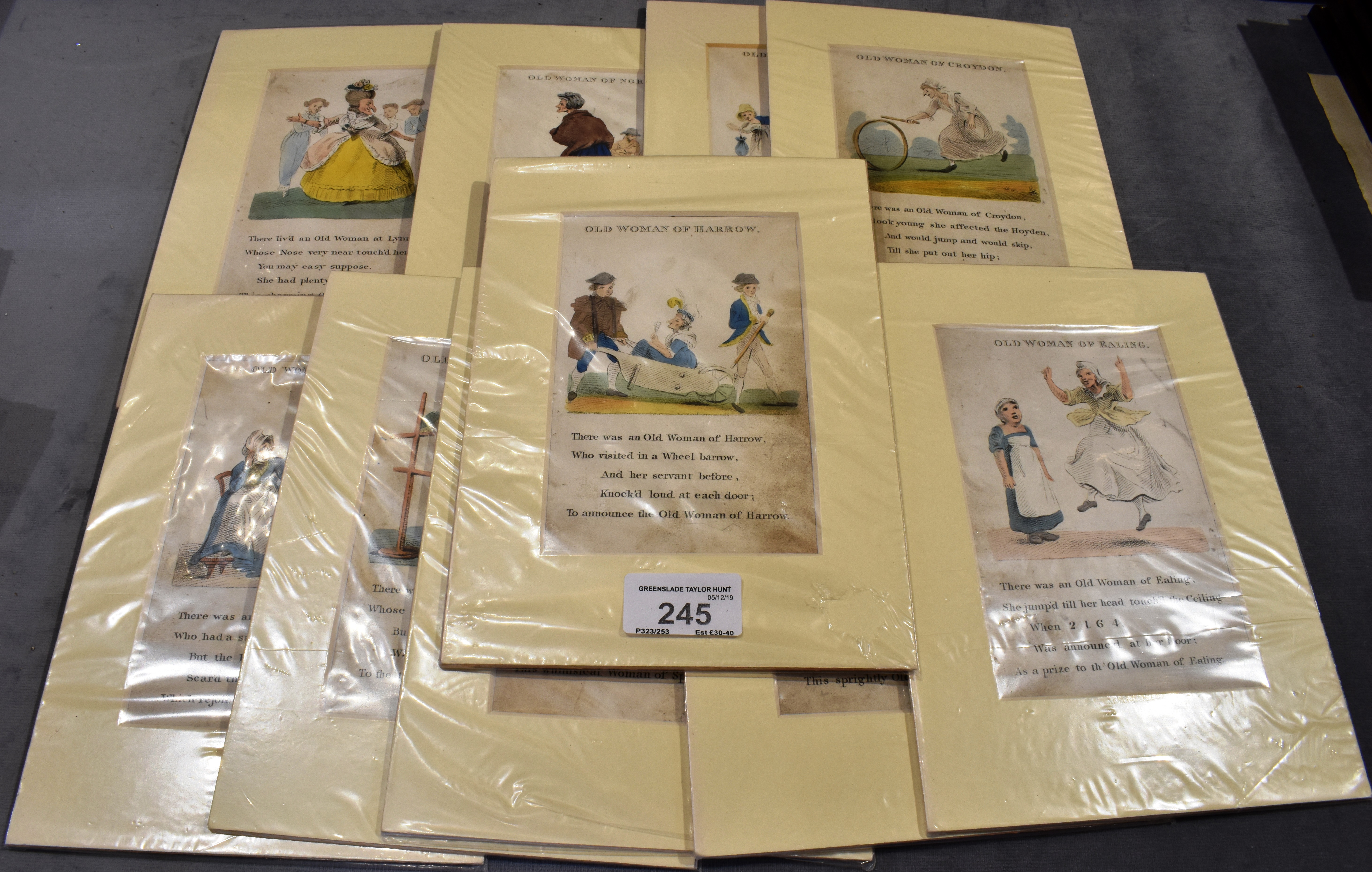 TEN 19TH CENTURY HAND-COLOURED LIMERICKS each approximately 14cm x 9cm, uniformly mounted but