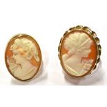 TWO GOLD AND SHELL CAMEO OVAL RINGS, ONE DEPICTING THE MUSE ERATO facing left with a lyre near her