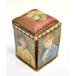 AN EARLY 20TH CENTURY FOLDING NEEDLE CASE OR BOX of printed card and silk construction, the four