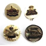 FOUR BRITISH GREAT WAR REGIMENTAL GILT METAL, ENAMEL AND MOTHER OF PEARL SWEETHEART BROOCHES each of