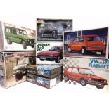 EIGHT 1/24 SCALE UNMADE PLASTIC MODEL VEHICLE KITS by Revell (3); Imai (1); Esci (2); Hasegawa (