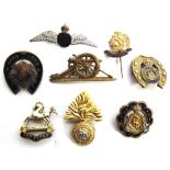 EIGHT BRITISH GREAT WAR REGIMENTAL GILT METAL & ENAMEL SWEETHEART BROOCHES including those of