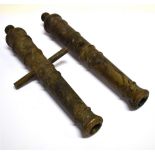A PAIR OF BRONZE DESK TOP MODEL CANNON BARRELS 19th century, of six stage tapered construction, with