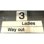 RAILWAYANA - THREE MODERN ERA PLATFORM SIGNS 'Way Out', 'Ladies', and '3', each of pressed aluminium