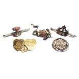 FIVE GREAT WAR SILVER & YELLOW METAL REGIMENTAL AND NAVAL SWEETHEART BROOCHES comprising those of