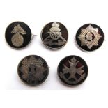 FIVE BRITISH GREAT WAR SILVER & FAUX TORTOISE SHELL REGIMENTAL SWEETHEART BROOCHES each of