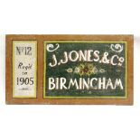 BARGEWARE - AN ORIGINAL HAND-PAINTED CANAL BARGE CABIN NAMEBOARD 'No.12 / Reg'd / in 1905 / J.