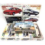 EIGHT 1/24 SCALE UNMADE PLASTIC MODEL VEHICLE KITS by Revell (2); Hasegawa (2); Aoshima (2); Imai (