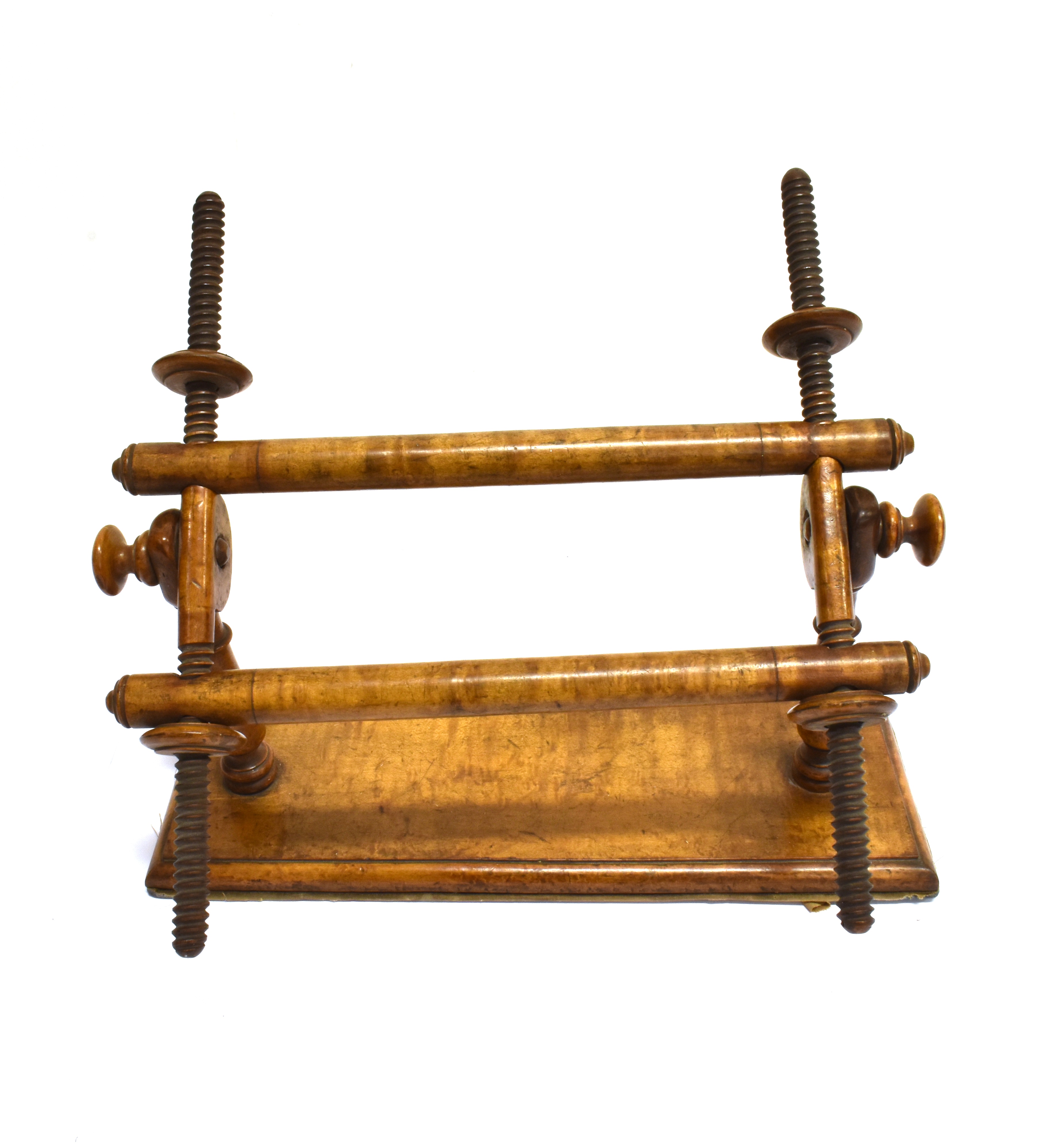 A LATE 18TH OR EARLY 19TH CENTURY EMBROIDERY TABLE STAND of turned wooden construction, on a