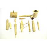 A COLLECTION OF 19TH CENTURY IVORY & BONE NEEDLEWORK TOOLS comprising Indian or Chinese carved