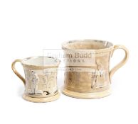 Two Victorian Staffordshire cricket mugs circa 1840, both of waisted form,