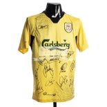 Team-signed yellow Liverpool 2005 away replica jersey, signed to the front by Hyypia, Gerrard,