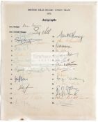 An official autograph sheet for the British Isles Rugby Union team Lions Tour to South Africa in