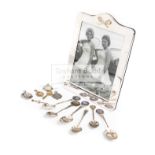 silver tennis spoons, medals and other collectibles, comprising a silver photograph frame,