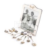 silver tennis spoons, medals and other collectibles, comprising a silver photograph frame,