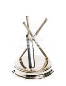 A Victorian silver plated cricket novelty, designed as a tripod formed with model cricket bats,