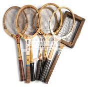 A collection of 28 tennis racquets, including three Dunlop Maxply unused wooden framed,