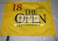 147th Open Championship - Carnoustie - 2018: two pin flags flags signed by past winning golfers,