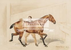 A watercolour of a horse and groom in a stable by Frank Paton (British, 1855-1909), signed,