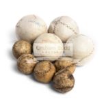 Nine assorted Jeu de Paume leather balls, of spherical form, five small stitched leather examples,