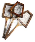 Three tennis racquets, comprising: a Feltham's Climax circa 1886,