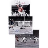 Three Denis Law autographed photographs, each 16 by 12in.